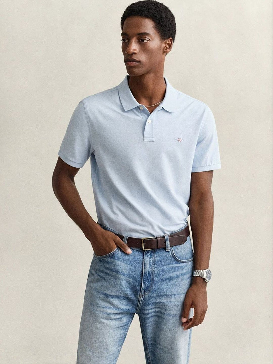Gant Men Blue Solid Regular Fit Shield Pique Polo T-Shirt
