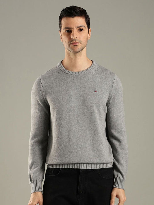 Tommy Hilfiger Men Regular Fit Ribbed Round Neck Long Sleeve Cotton Pullover