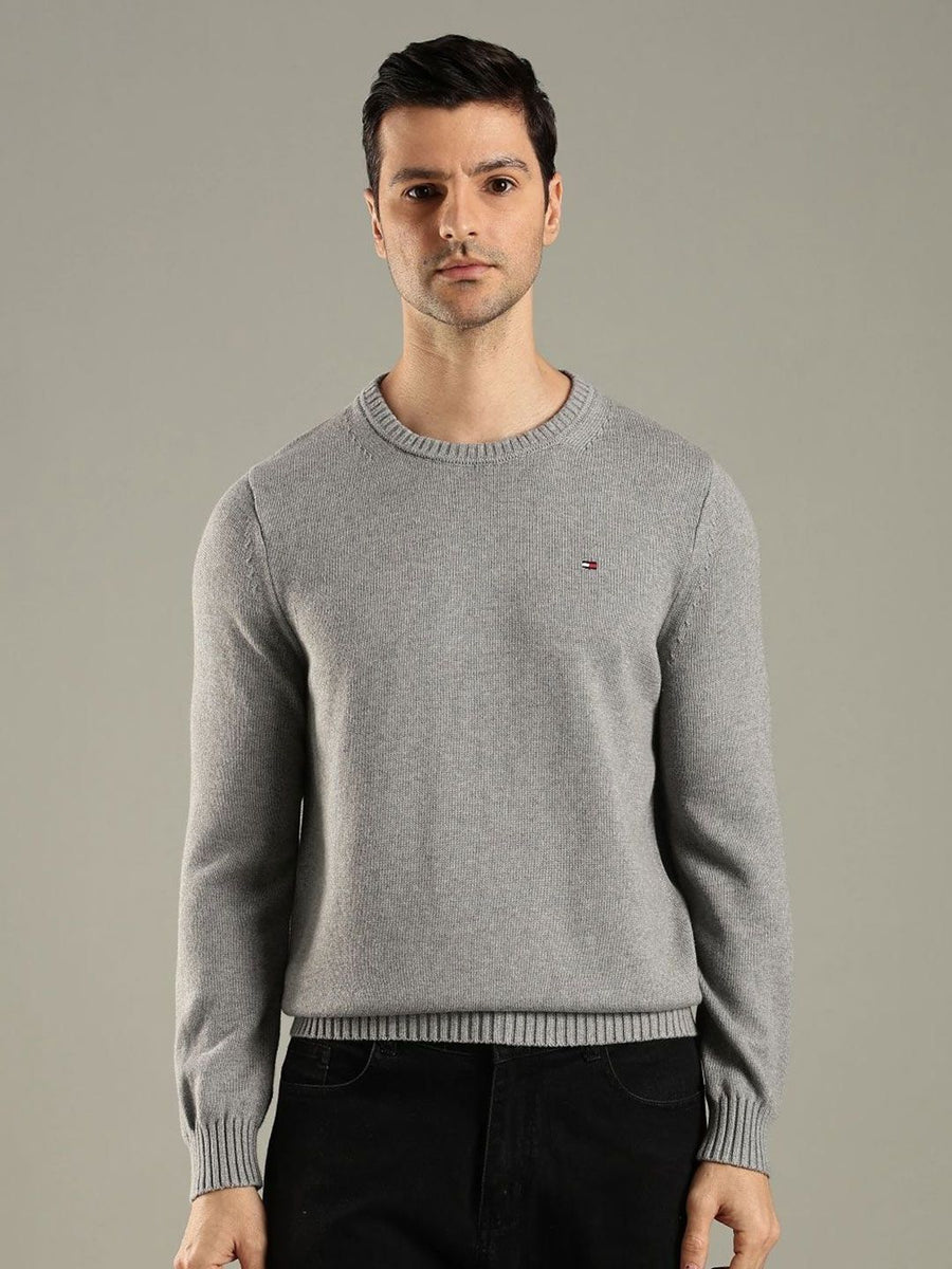 Tommy Hilfiger Men Regular Fit Ribbed Round Neck Long Sleeve Cotton Pullover
