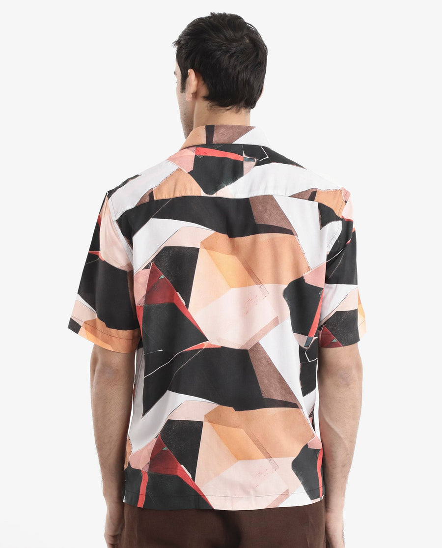 Rare Rabbit Men's Wabe Black Viscose Abstract Print Boxy Fit Half Sleeve Collared Shirt