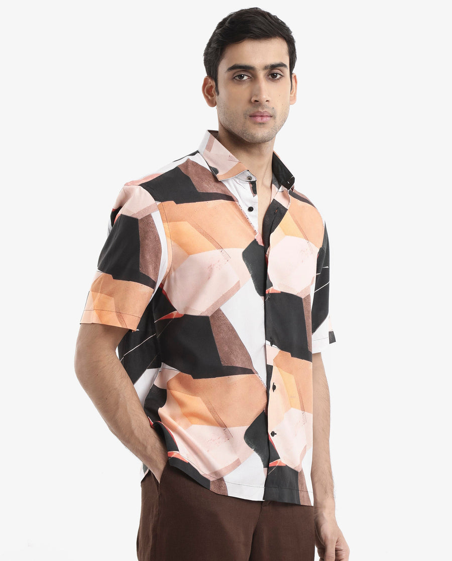 Rare Rabbit Men's Wabe Black Viscose Abstract Print Boxy Fit Half Sleeve Collared Shirt