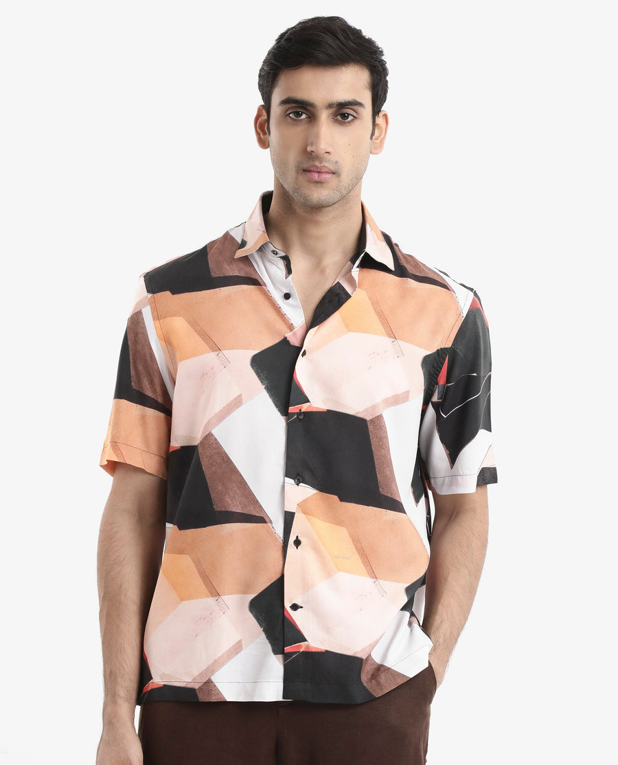 Rare Rabbit Men's Wabe Black Viscose Abstract Print Boxy Fit Half Sleeve Collared Shirt