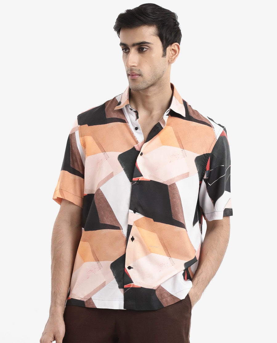 Rare Rabbit Men's Wabe Black Viscose Abstract Print Boxy Fit Half Sleeve Collared Shirt