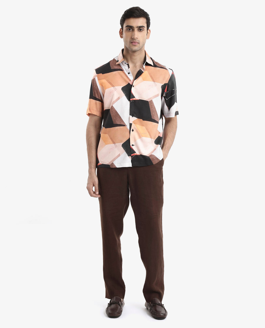 Rare Rabbit Men's Wabe Black Viscose Abstract Print Boxy Fit Half Sleeve Collared Shirt
