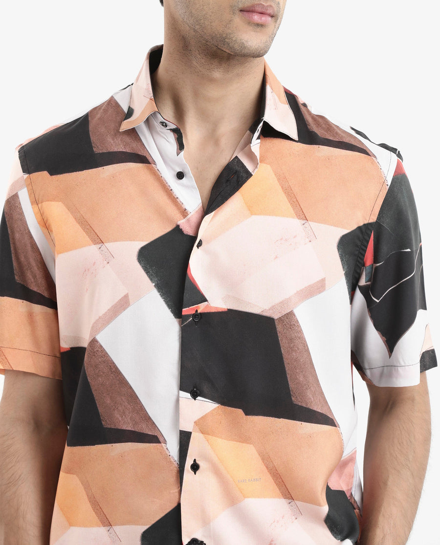 Rare Rabbit Men's Wabe Black Viscose Abstract Print Boxy Fit Half Sleeve Collared Shirt