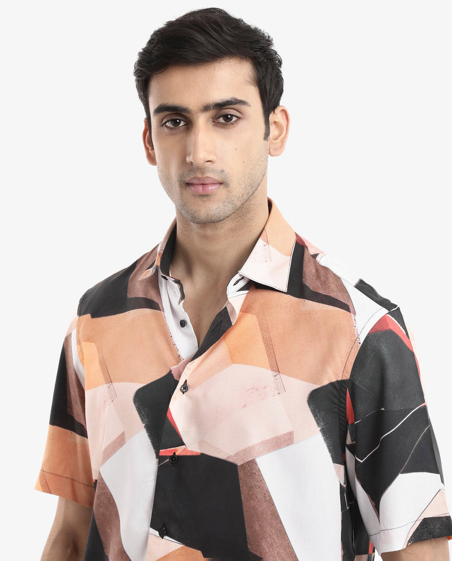 Rare Rabbit Men's Wabe Black Viscose Abstract Print Boxy Fit Half Sleeve Collared Shirt