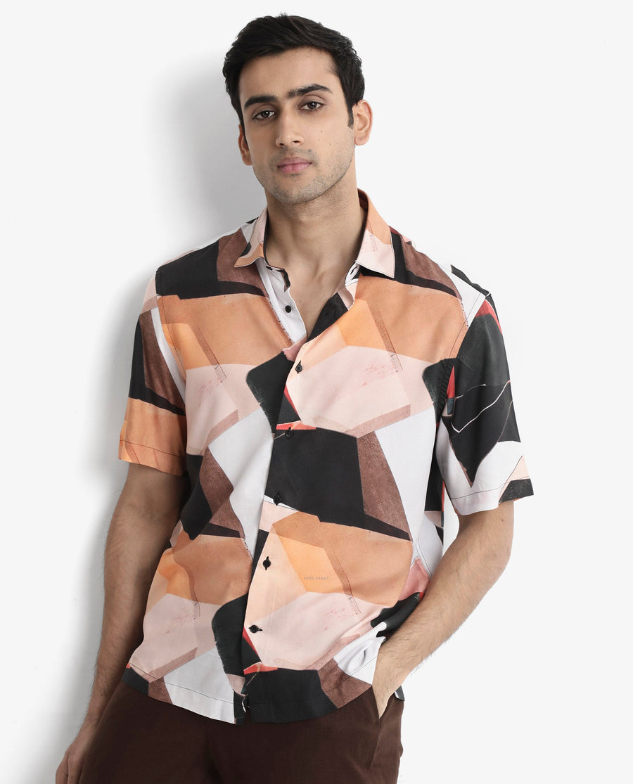 Rare Rabbit Men's Wabe Black Viscose Abstract Print Boxy Fit Half Sleeve Collared Shirt