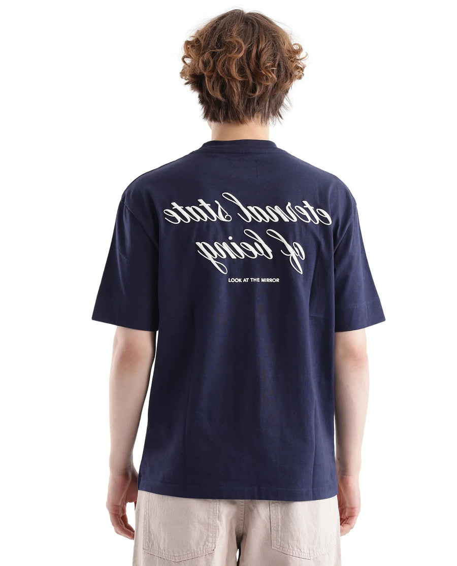 Rare Rabbit Men's Wadet Navy Cotton Typography Print Boxy Fit Half Sleeve Crew Neck T-Shirt