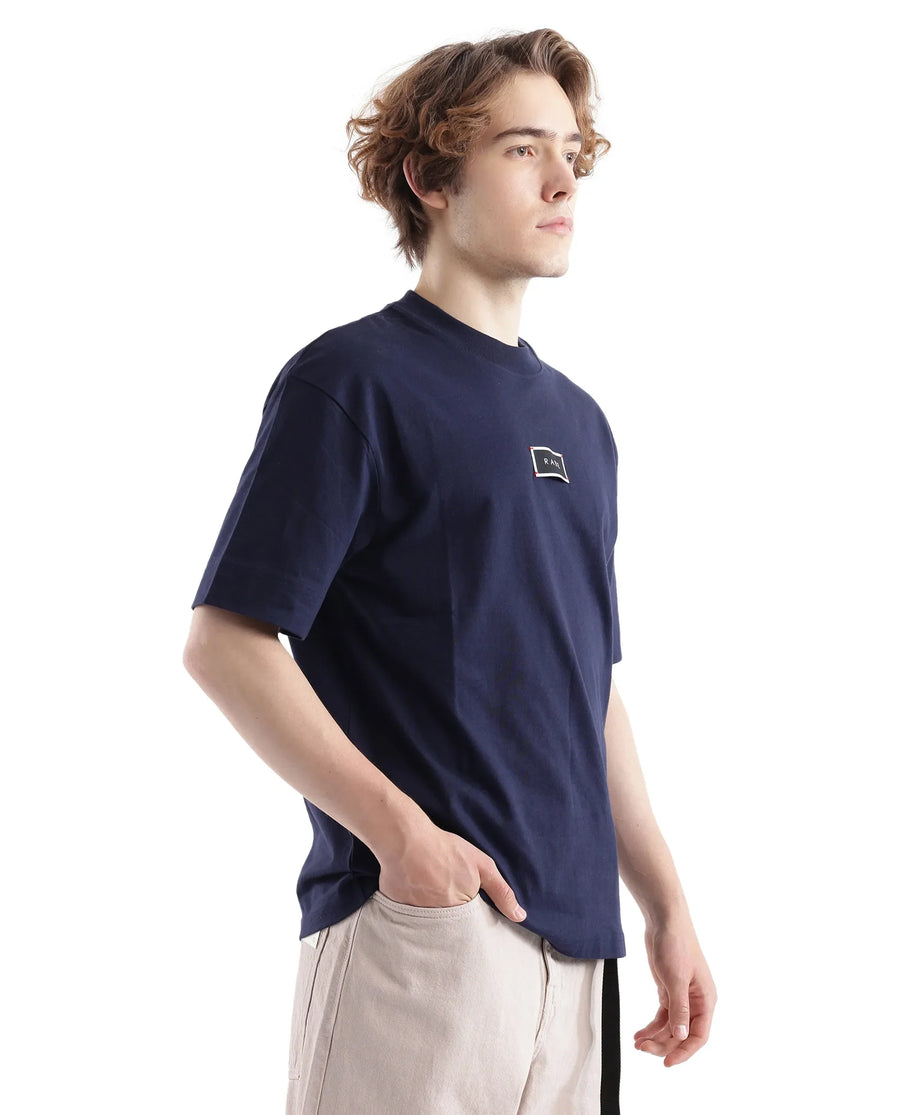 Rare Rabbit Men's Wadet Navy Cotton Typography Print Boxy Fit Half Sleeve Crew Neck T-Shirt