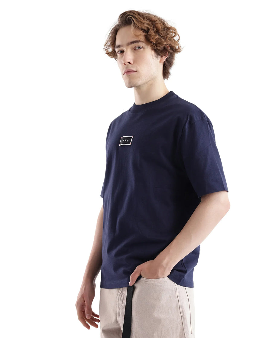 Rare Rabbit Men's Wadet Navy Cotton Typography Print Boxy Fit Half Sleeve Crew Neck T-Shirt