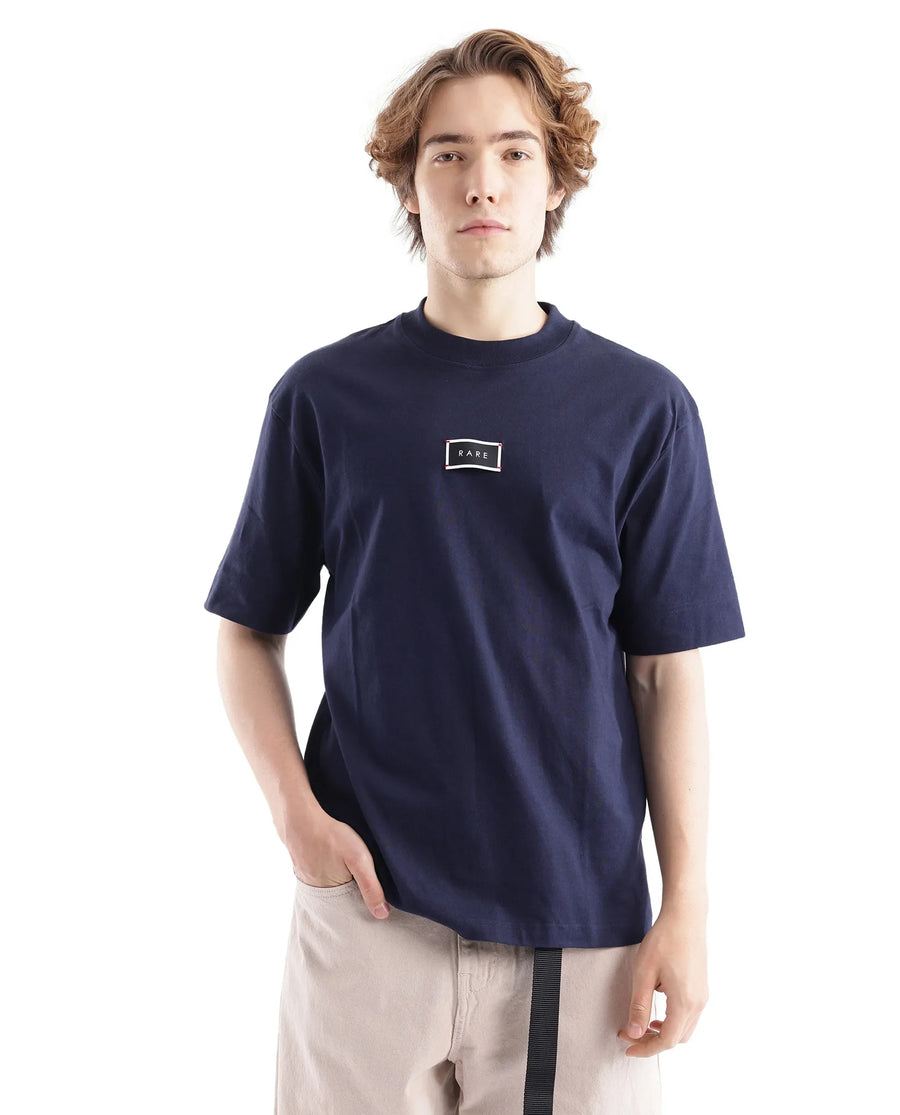 Rare Rabbit Men's Wadet Navy Cotton Typography Print Boxy Fit Half Sleeve Crew Neck T-Shirt