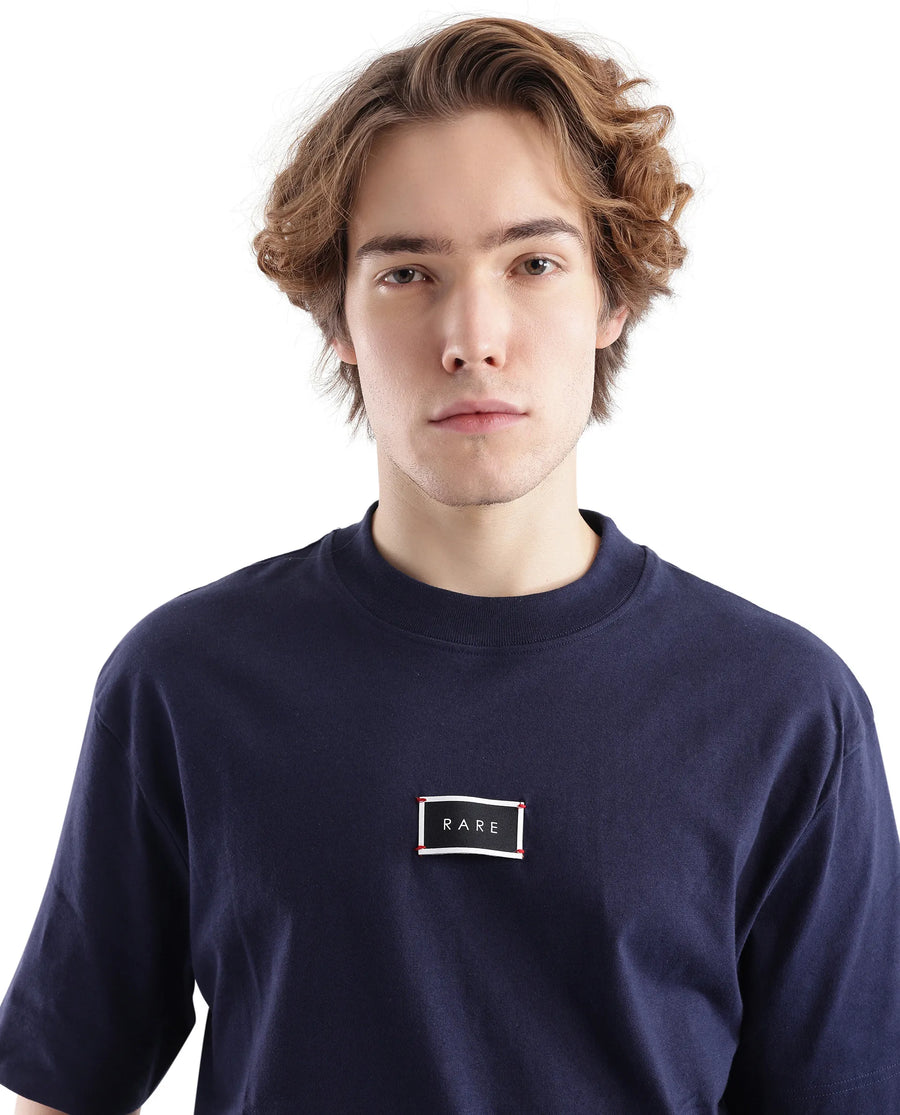 Rare Rabbit Men's Wadet Navy Cotton Typography Print Boxy Fit Half Sleeve Crew Neck T-Shirt