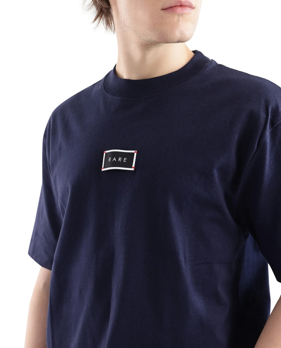 Rare Rabbit Men's Wadet Navy Cotton Typography Print Boxy Fit Half Sleeve Crew Neck T-Shirt