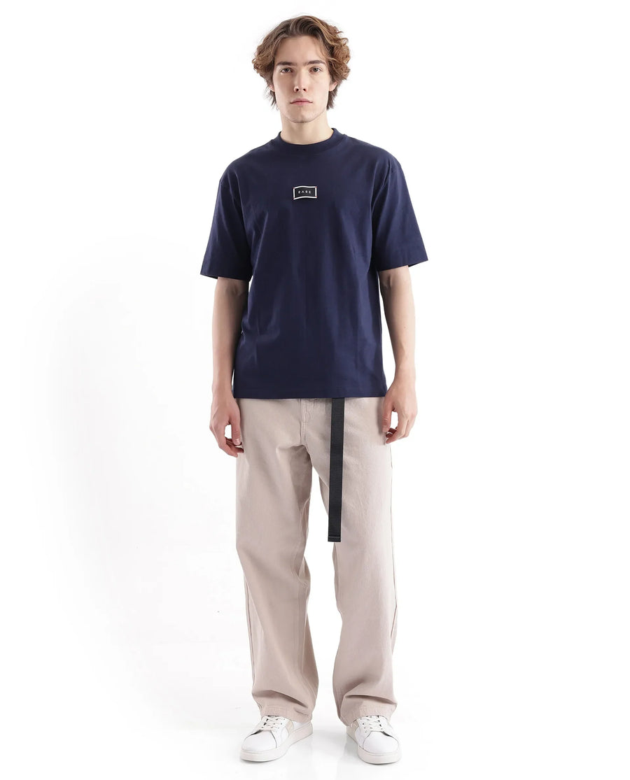 Rare Rabbit Men's Wadet Navy Cotton Typography Print Boxy Fit Half Sleeve Crew Neck T-Shirt