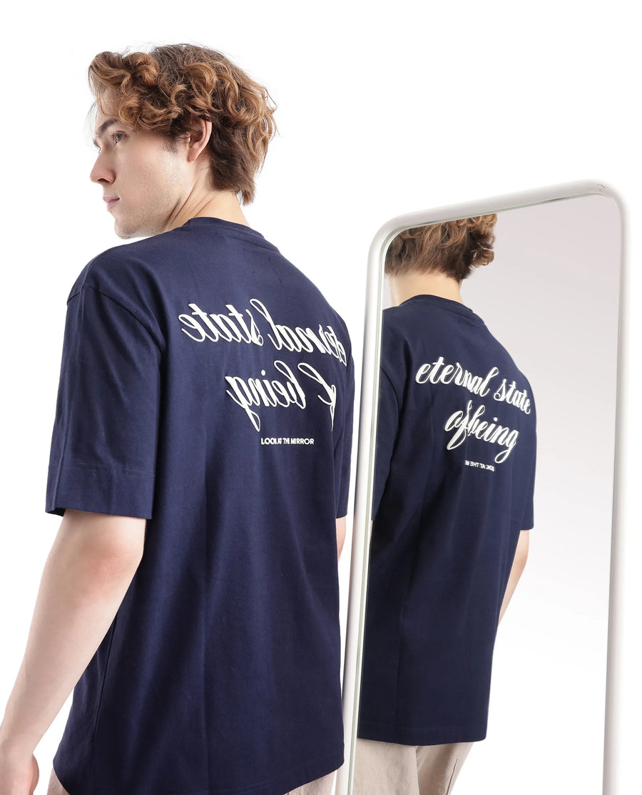 Rare Rabbit Men's Wadet Navy Cotton Typography Print Boxy Fit Half Sleeve Crew Neck T-Shirt