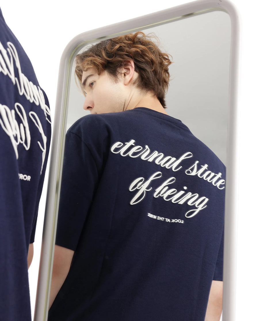 Rare Rabbit Men's Wadet Navy Cotton Typography Print Boxy Fit Half Sleeve Crew Neck T-Shirt