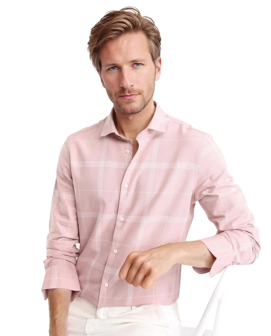 Rare Rabbit Men's Wando Dusky Pink Cotton Checked Print Regular Fit Full Sleeve Collared Shirt