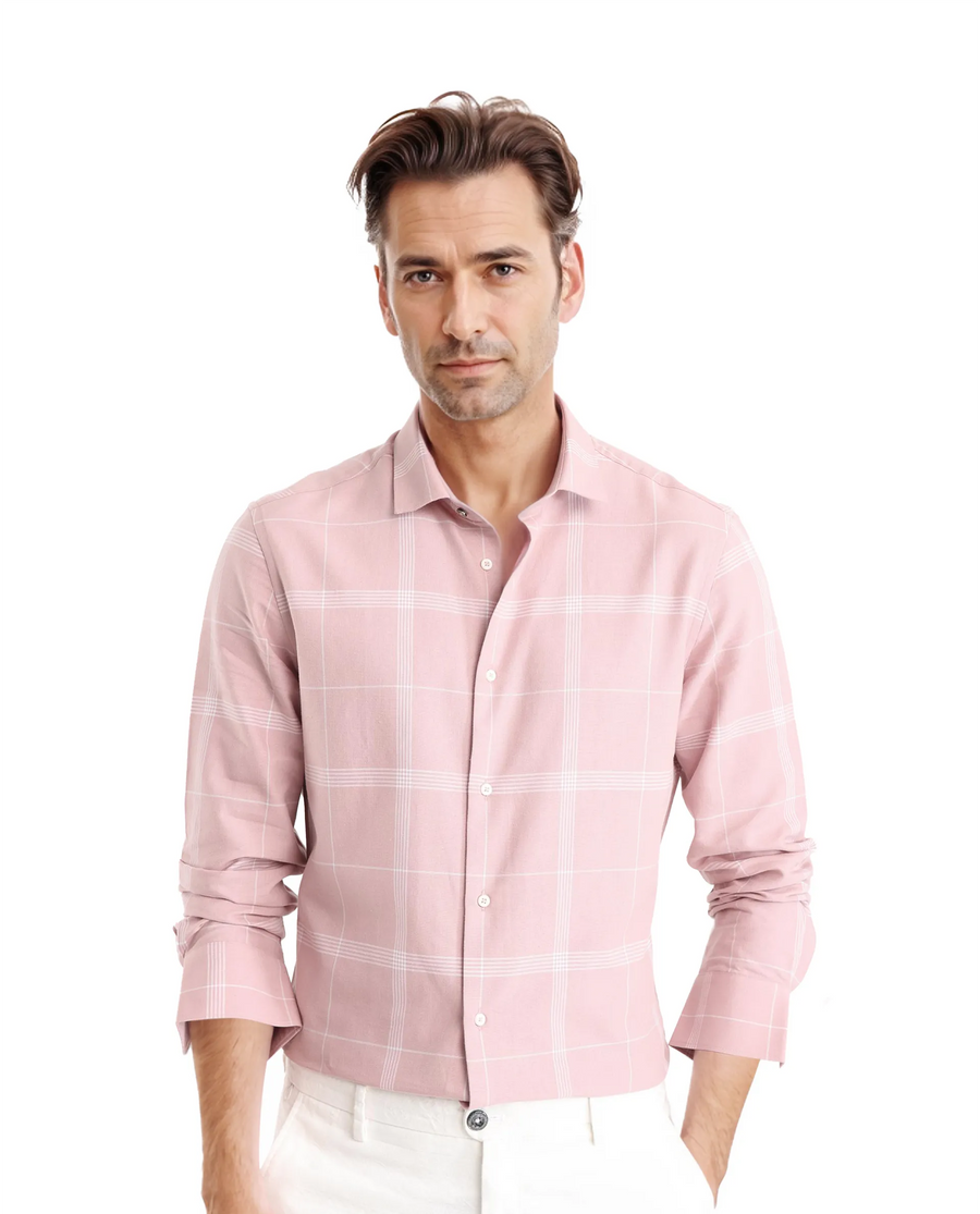 Rare Rabbit Men's Wando Dusky Pink Cotton Checked Print Regular Fit Full Sleeve Collared Shirt
