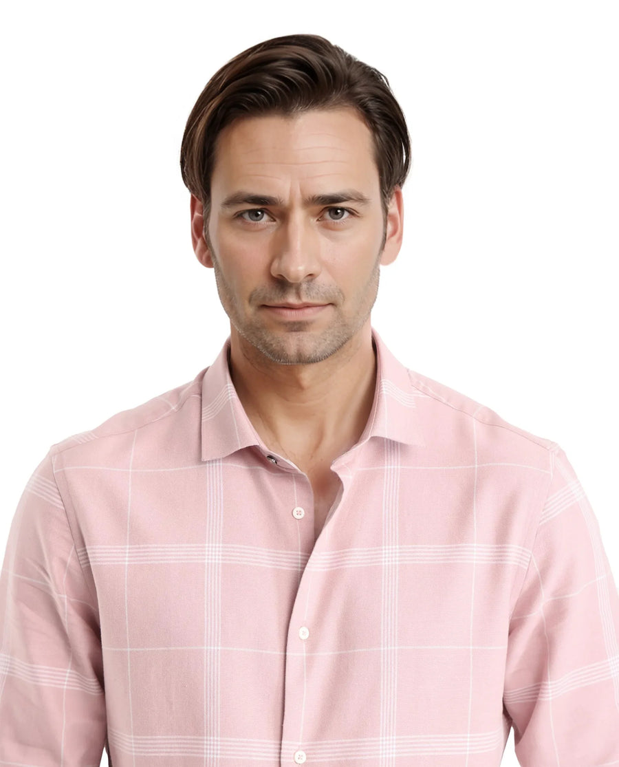 Rare Rabbit Men's Wando Dusky Pink Cotton Checked Print Regular Fit Full Sleeve Collared Shirt