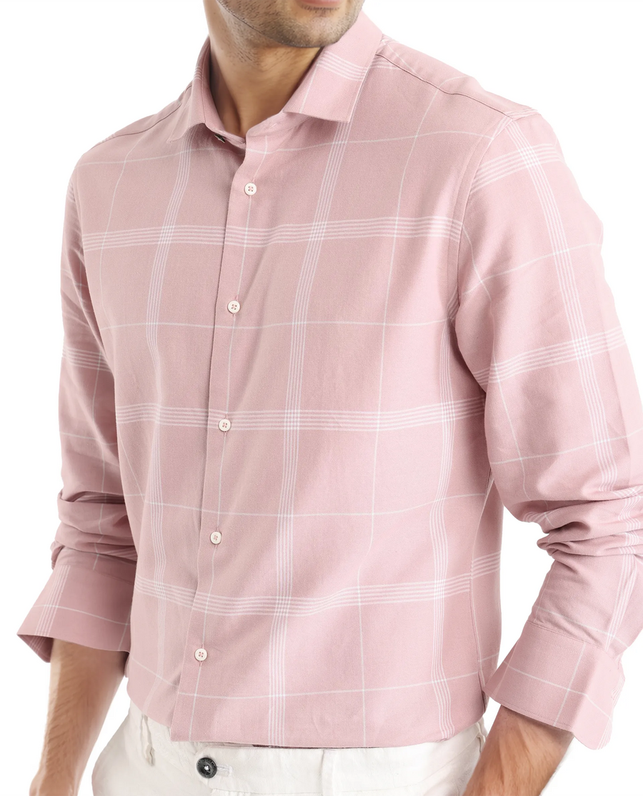 Rare Rabbit Men's Wando Dusky Pink Cotton Checked Print Regular Fit Full Sleeve Collared Shirt