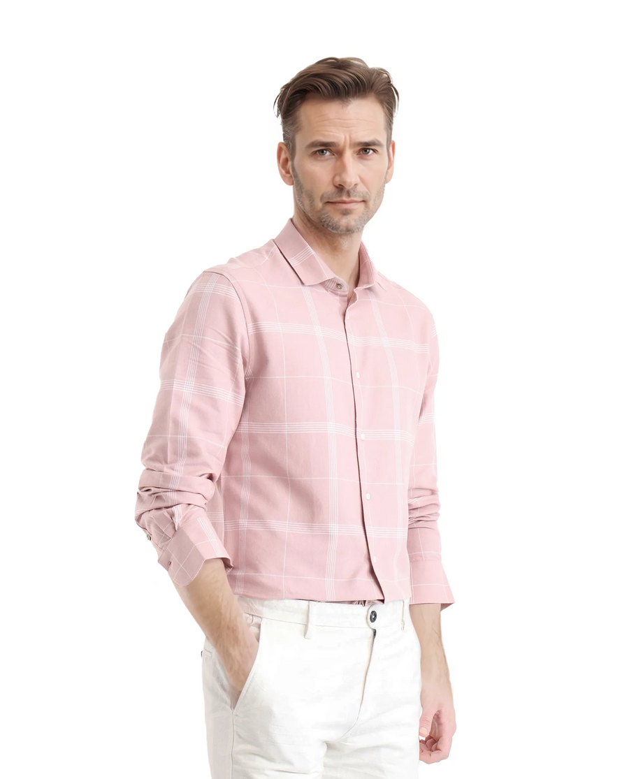 Rare Rabbit Men's Wando Dusky Pink Cotton Checked Print Regular Fit Full Sleeve Collared Shirt