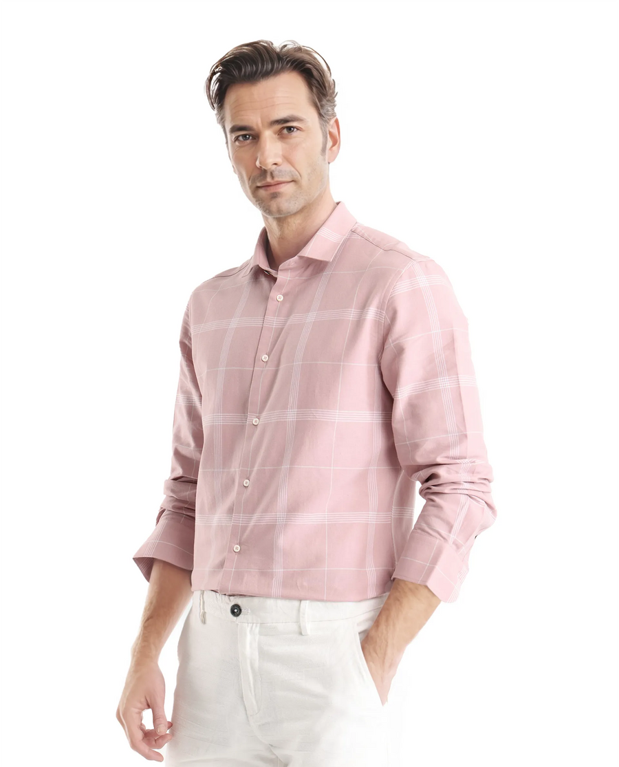 Rare Rabbit Men's Wando Dusky Pink Cotton Checked Print Regular Fit Full Sleeve Collared Shirt