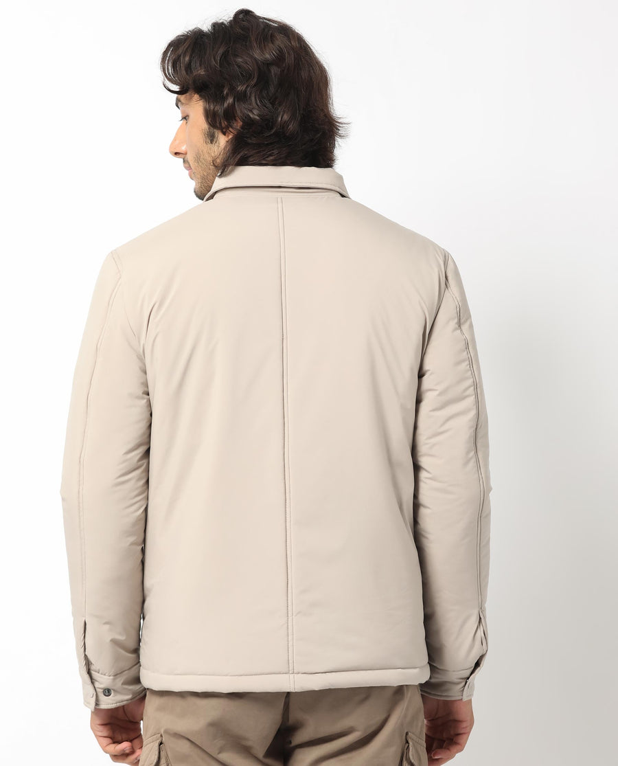 Rare Rabbit Men's Wanza Beige Polyester Plain Relaxed Fit Full Sleeve Spread Collar Jacket