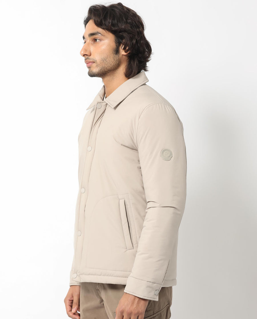 Rare Rabbit Men's Wanza Beige Polyester Plain Relaxed Fit Full Sleeve Spread Collar Jacket