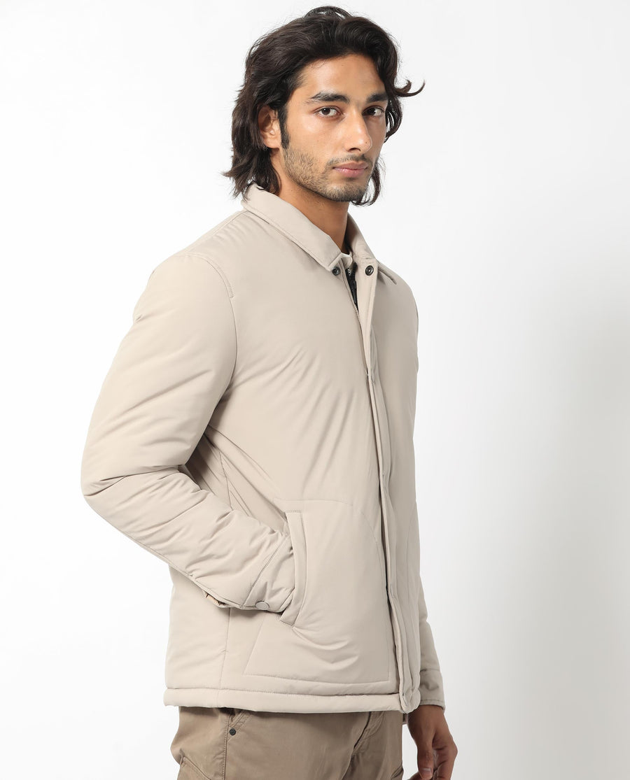 Rare Rabbit Men's Wanza Beige Polyester Plain Relaxed Fit Full Sleeve Spread Collar Jacket
