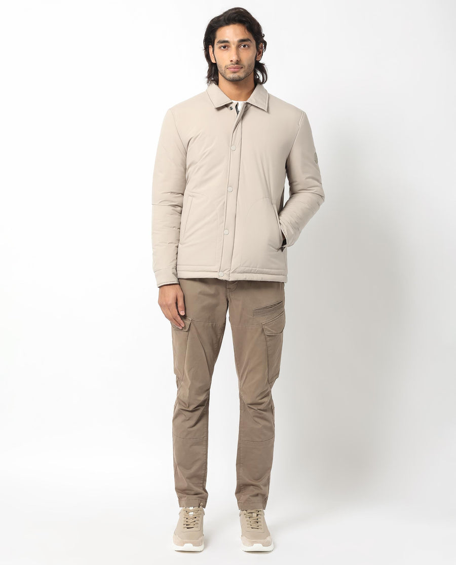 Rare Rabbit Men's Wanza Beige Polyester Plain Relaxed Fit Full Sleeve Spread Collar Jacket