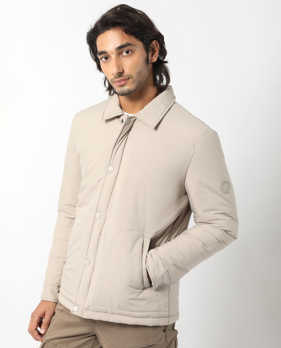 Rare Rabbit Men's Wanza Beige Polyester Plain Relaxed Fit Full Sleeve Spread Collar Jacket