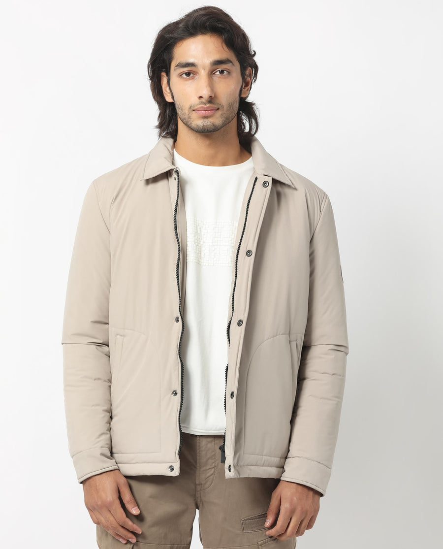 Rare Rabbit Men's Wanza Beige Polyester Plain Relaxed Fit Full Sleeve Spread Collar Jacket