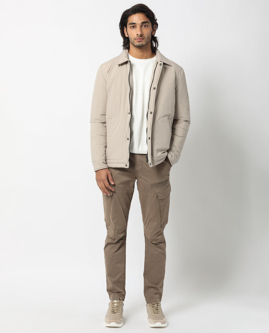 Rare Rabbit Men's Wanza Beige Polyester Plain Relaxed Fit Full Sleeve Spread Collar Jacket