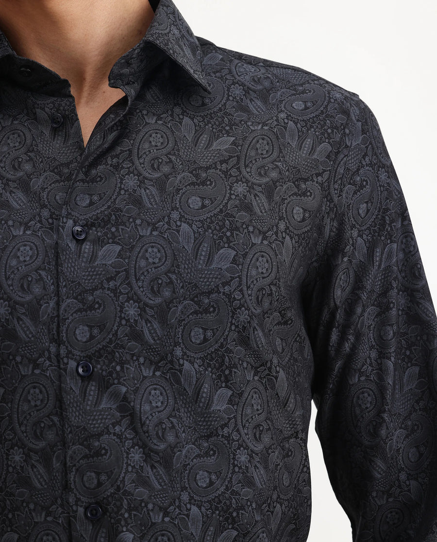 Rare Rabbit Men's Wapi Blue Cotton Blend Fabric Collared Neck Regular Fit Paisley Print Shirt