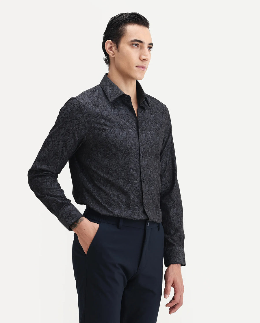 Rare Rabbit Men's Wapi Blue Cotton Blend Fabric Collared Neck Regular Fit Paisley Print Shirt