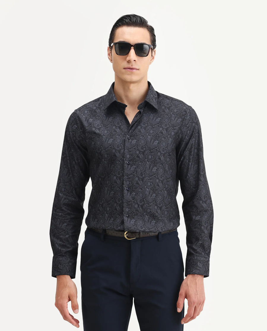 Rare Rabbit Men's Wapi Blue Cotton Blend Fabric Collared Neck Regular Fit Paisley Print Shirt