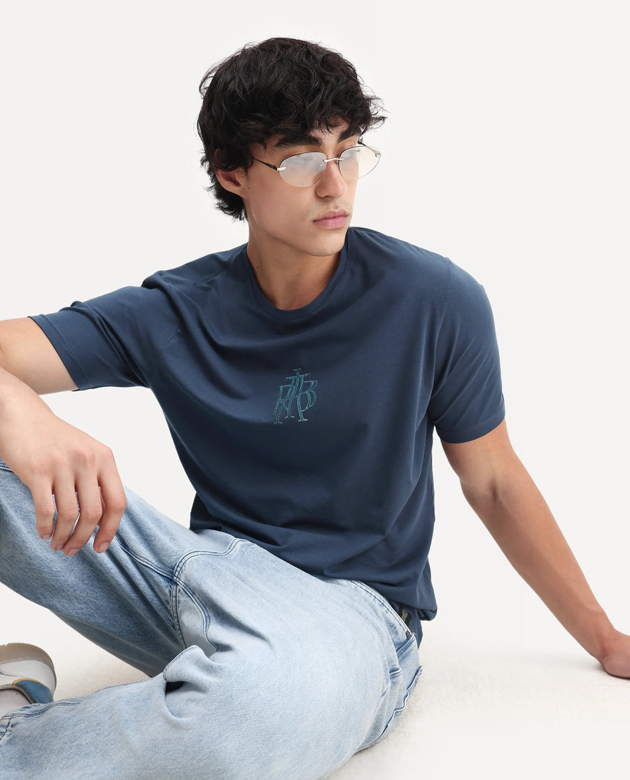 Rare Rabbit Men's Waro Dark Blue Cotton Blend Graphic Print Regular Fit Half Sleeve Crew Neck T-Shirt