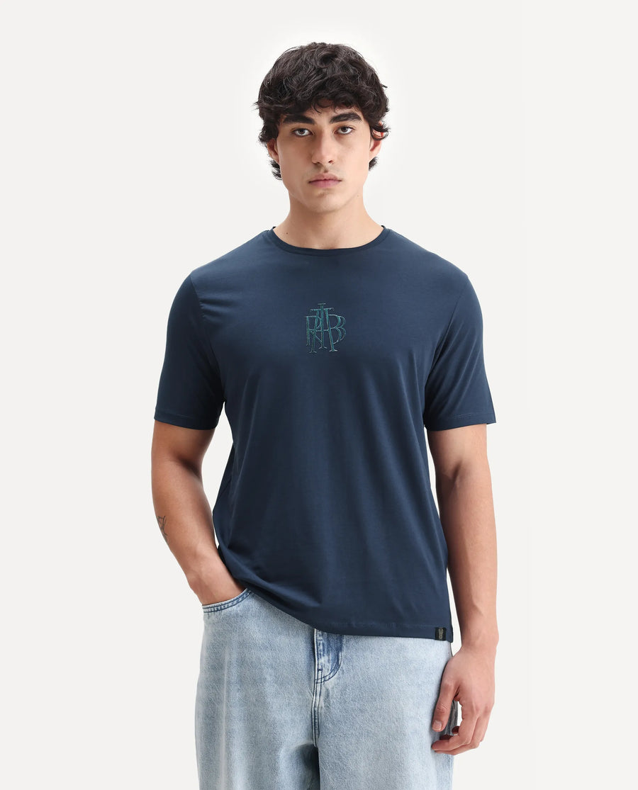 Rare Rabbit Men's Waro Dark Blue Cotton Blend Graphic Print Regular Fit Half Sleeve Crew Neck T-Shirt