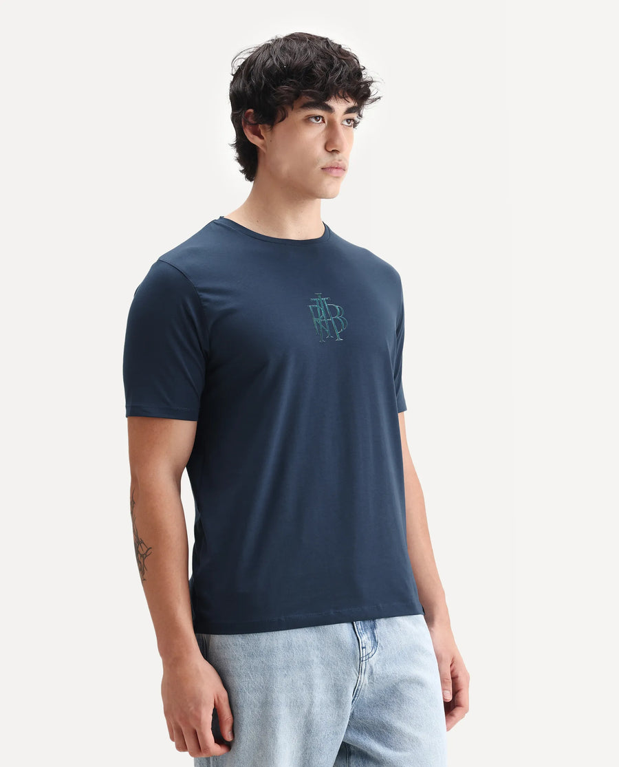 Rare Rabbit Men's Waro Dark Blue Cotton Blend Graphic Print Regular Fit Half Sleeve Crew Neck T-Shirt