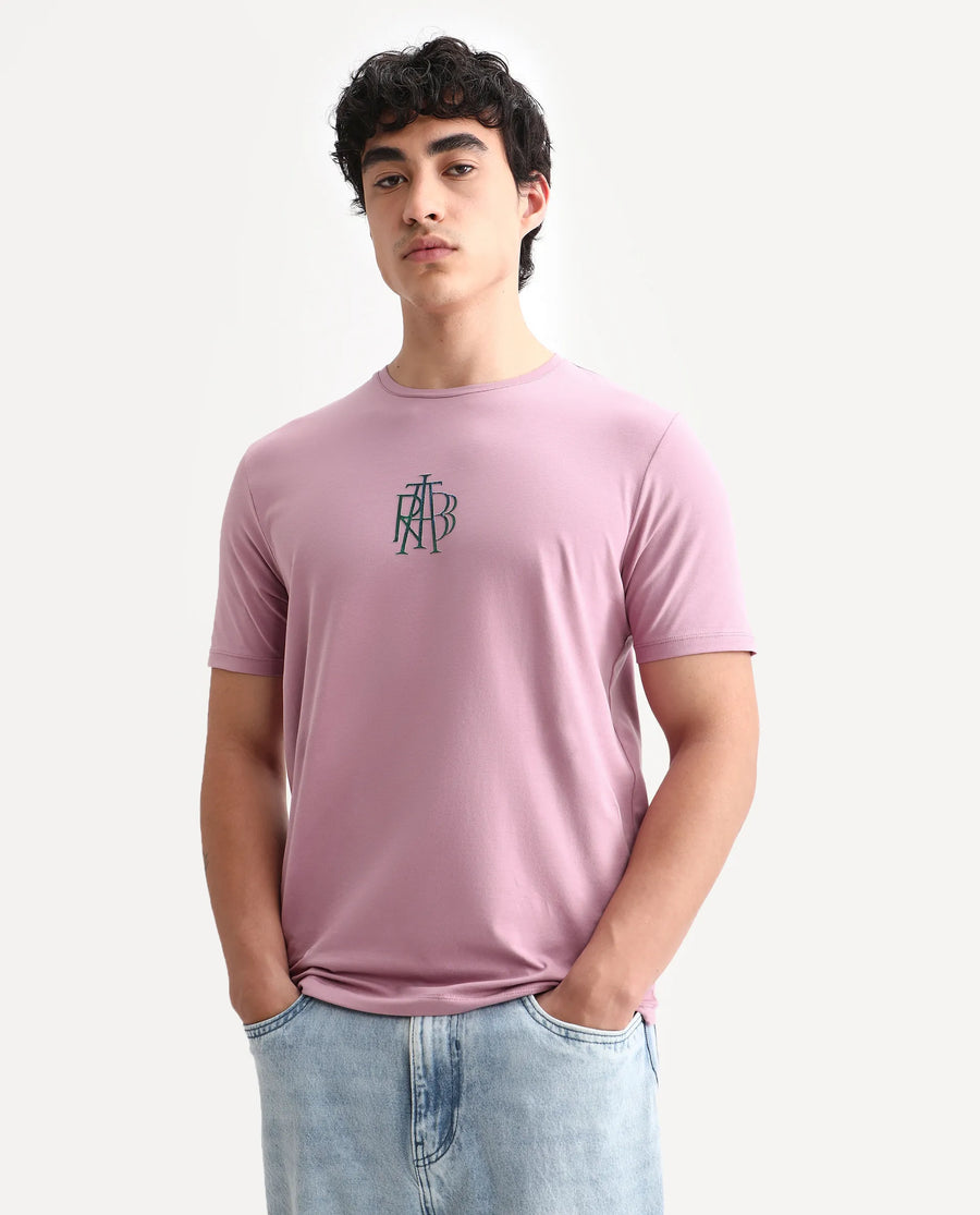 Rare Rabbit Men's Waro Dusky Pink Cotton Blend Graphic Print Regular Fit Half Sleeve Crew Neck T-Shirt