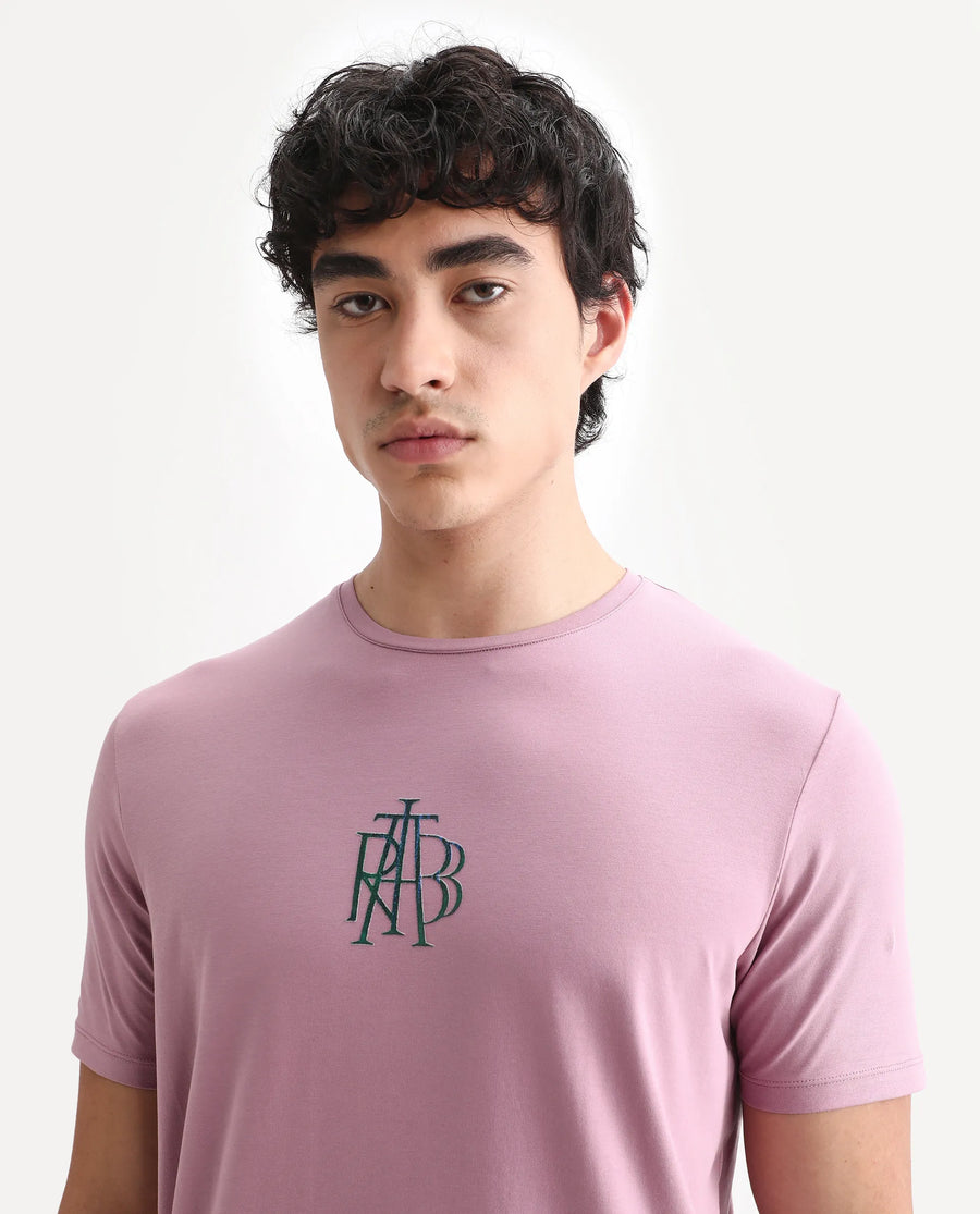 Rare Rabbit Men's Waro Dusky Pink Cotton Blend Graphic Print Regular Fit Half Sleeve Crew Neck T-Shirt