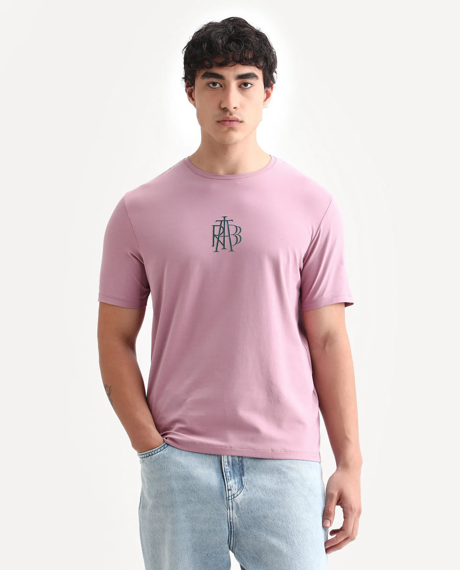 Rare Rabbit Men's Waro Dusky Pink Cotton Blend Graphic Print Regular Fit Half Sleeve Crew Neck T-Shirt