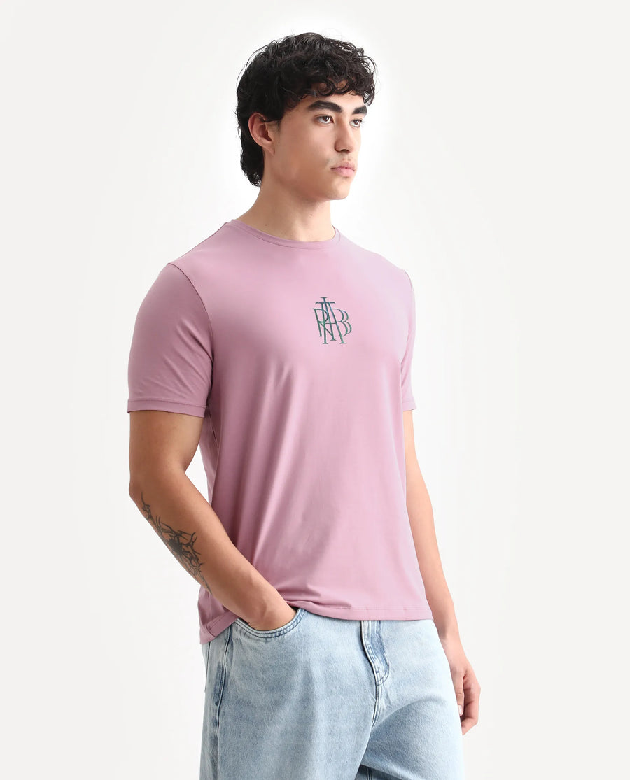 Rare Rabbit Men's Waro Dusky Pink Cotton Blend Graphic Print Regular Fit Half Sleeve Crew Neck T-Shirt