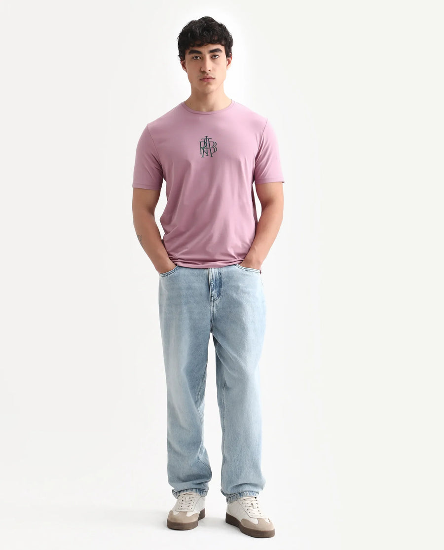 Rare Rabbit Men's Waro Dusky Pink Cotton Blend Graphic Print Regular Fit Half Sleeve Crew Neck T-Shirt