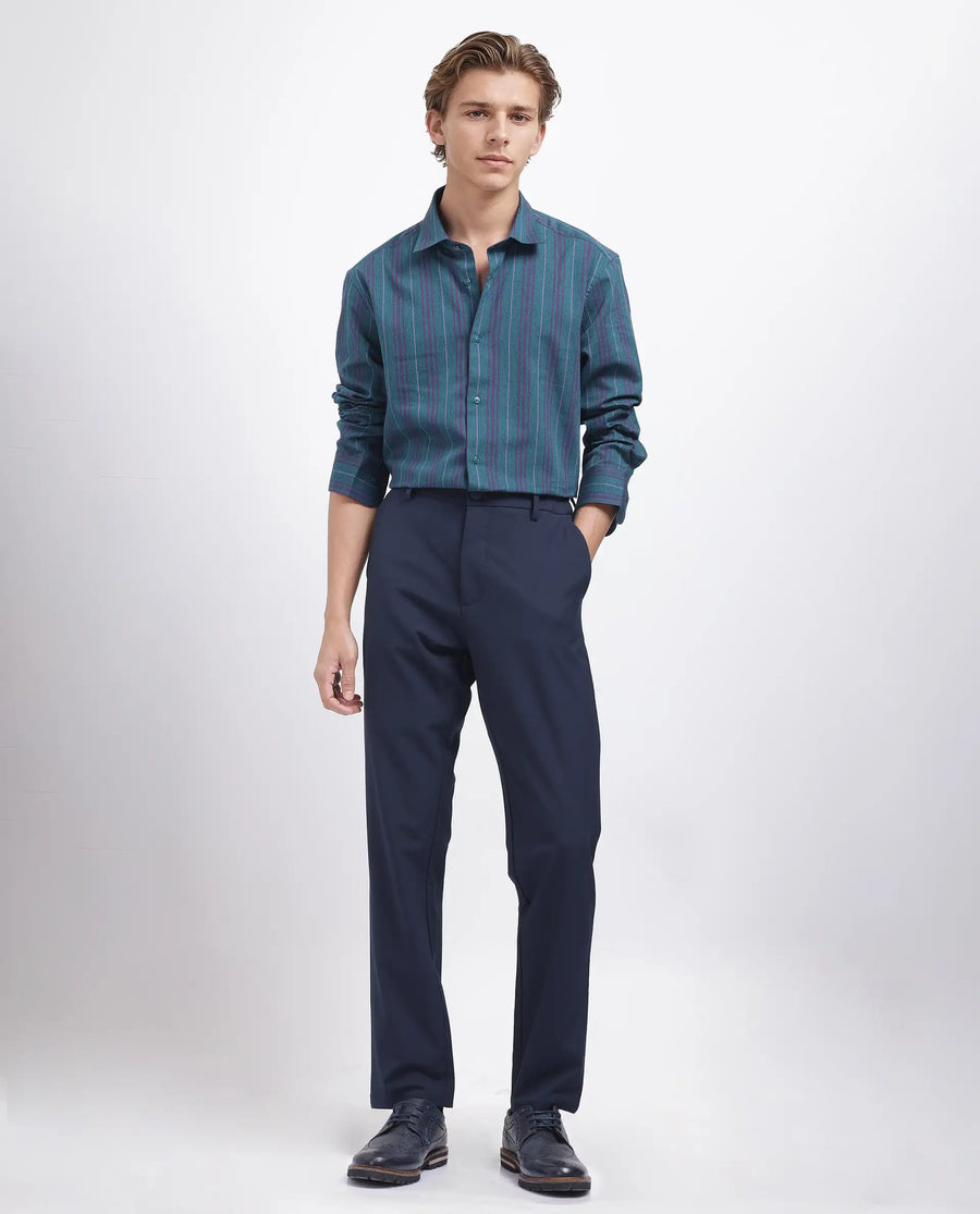 Rare Rabbit Men's Warsaw Dark Green Cotton Striped Print Regular Fit Full Sleeve Collared Shirt