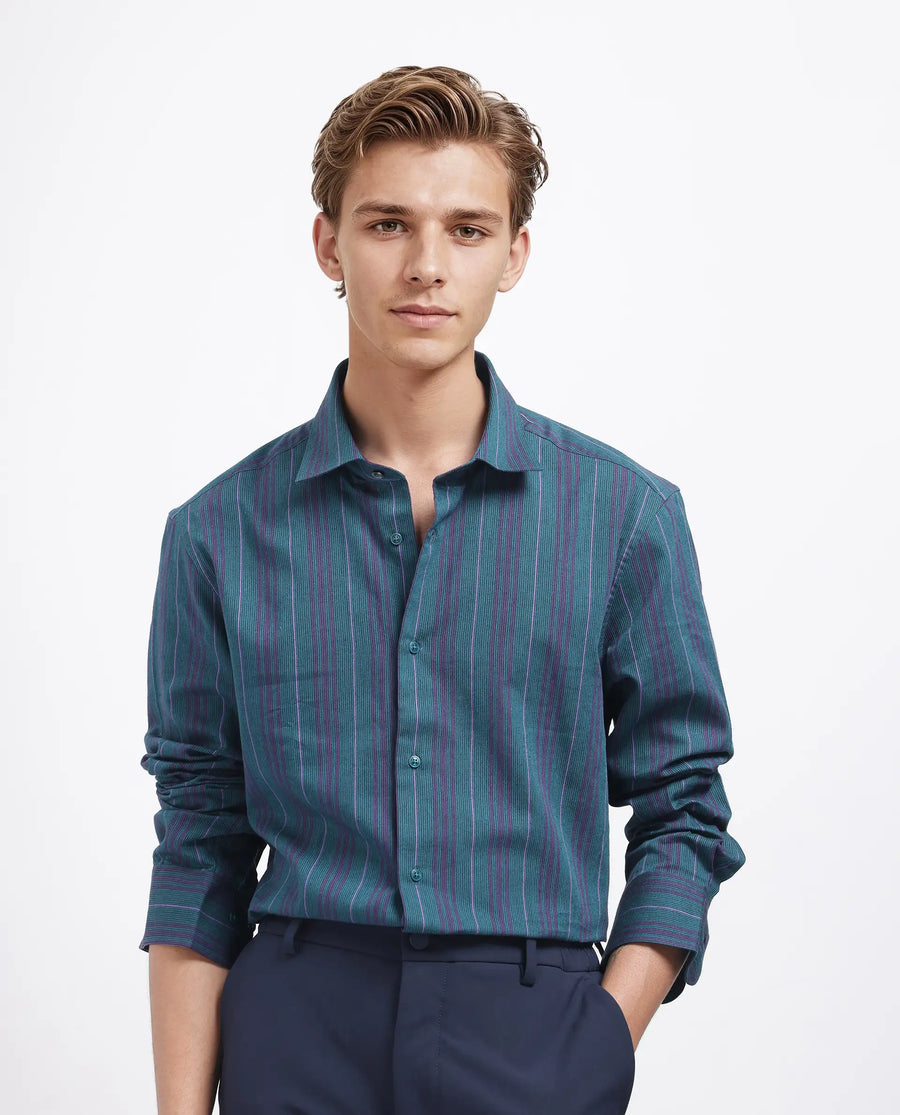 Rare Rabbit Men's Warsaw Dark Green Cotton Striped Print Regular Fit Full Sleeve Collared Shirt