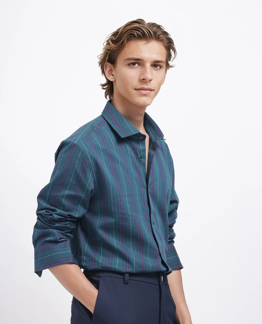Rare Rabbit Men's Warsaw Dark Green Cotton Striped Print Regular Fit Full Sleeve Collared Shirt