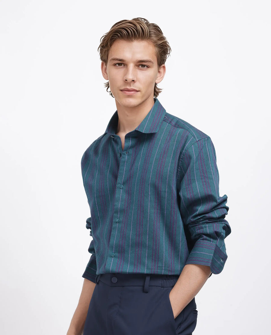 Rare Rabbit Men's Warsaw Dark Green Cotton Striped Print Regular Fit Full Sleeve Collared Shirt