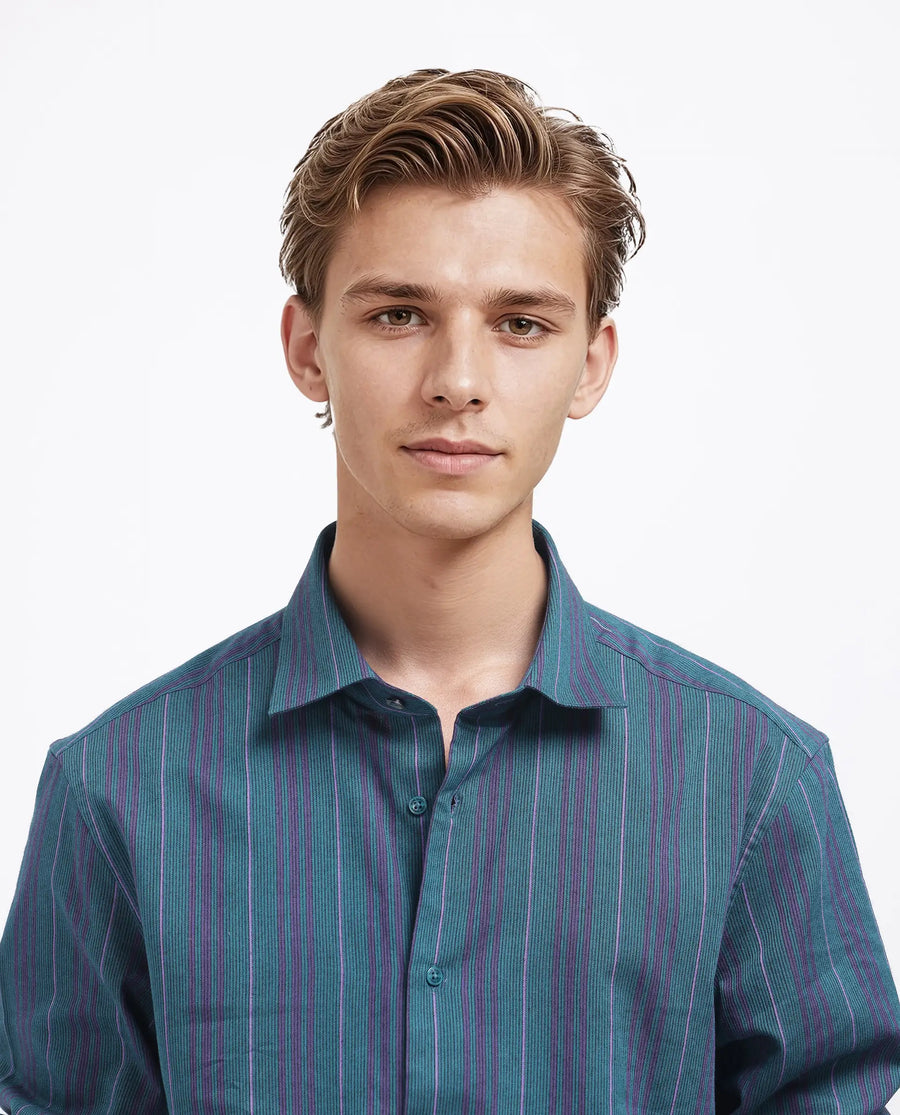 Rare Rabbit Men's Warsaw Dark Green Cotton Striped Print Regular Fit Full Sleeve Collared Shirt