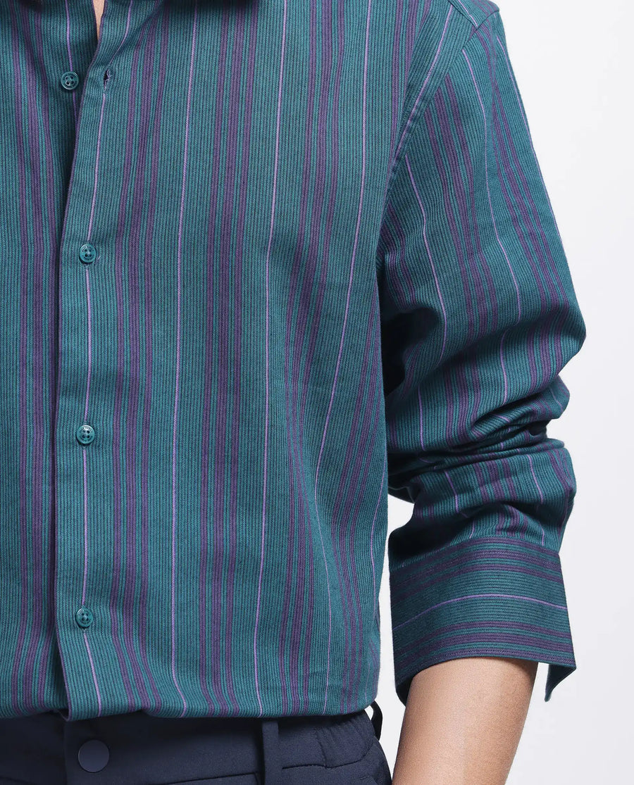 Rare Rabbit Men's Warsaw Dark Green Cotton Striped Print Regular Fit Full Sleeve Collared Shirt